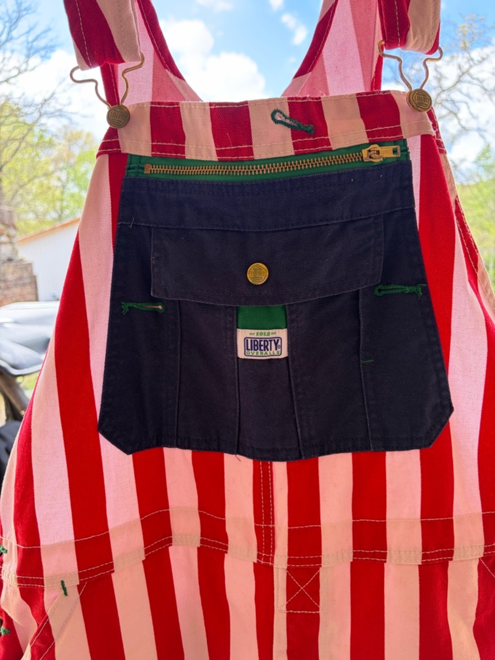 liberty Red and White Striped Mens Overalls with Blue Bib - Picture 5 of 9